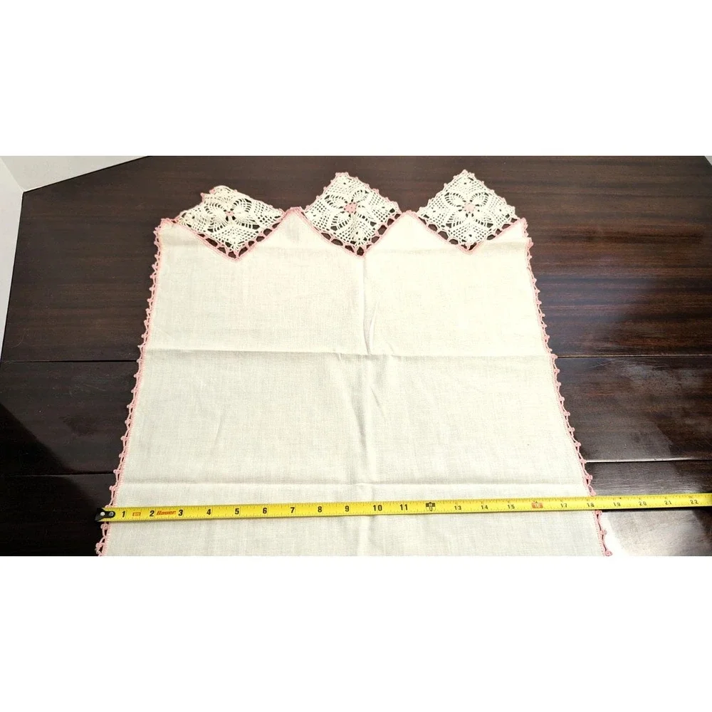 Vintage Pink Crochet Linen Table Runner Set Handmade Lace Napkins Doily 6pc